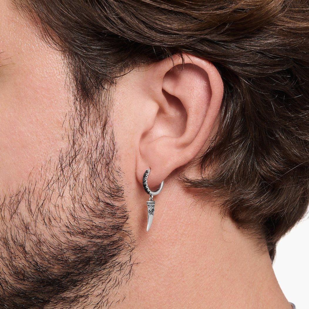 925 SINGLE HOOP WITH TOOTH PENDANT/BLACK ZIRCONIA - KAYF